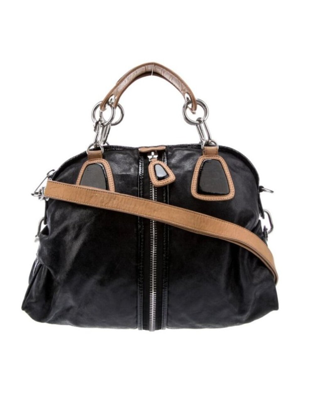 ⭐Cynthia Rowley Shoulder Bag Bicolor Black Tan Leather Zippers Heavy Hardware⭐